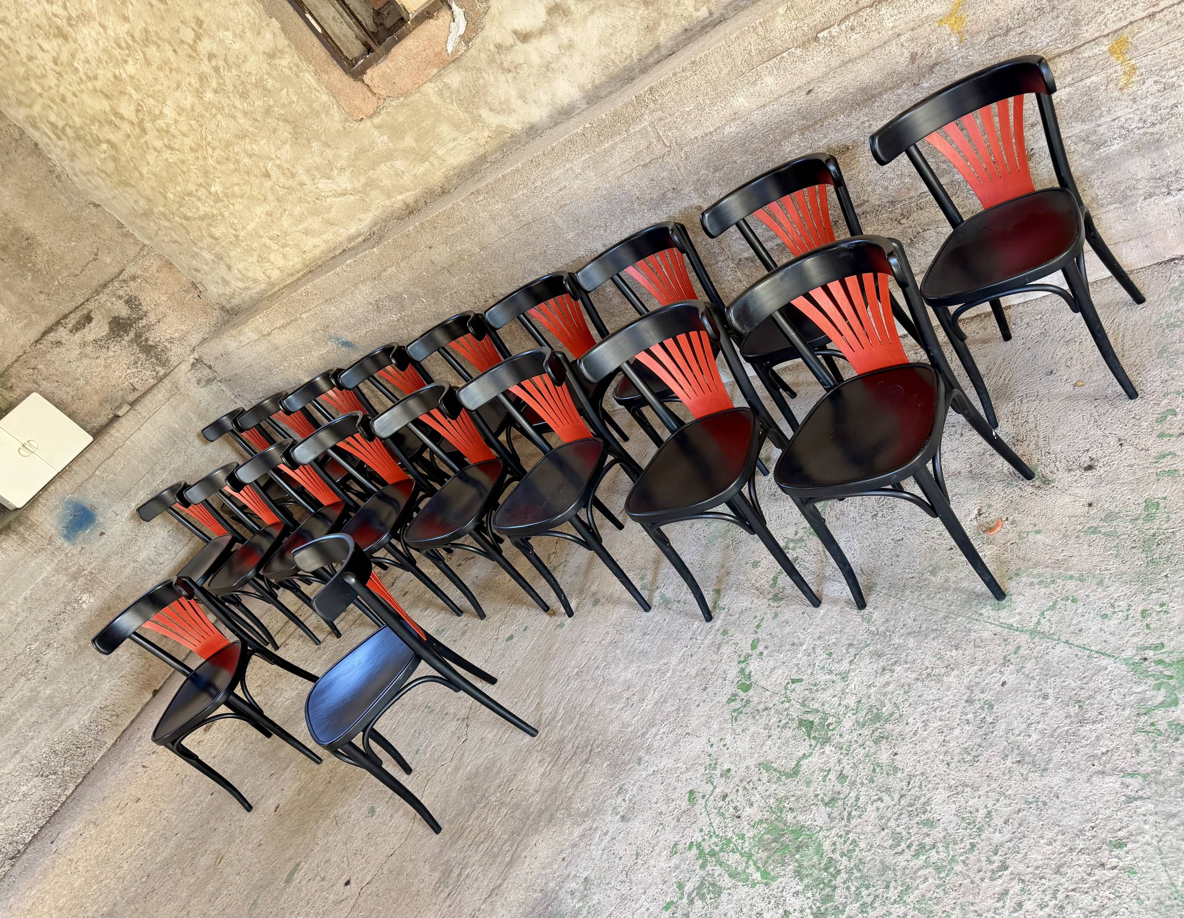 Set of 27 black and red bistro chairs – All wood