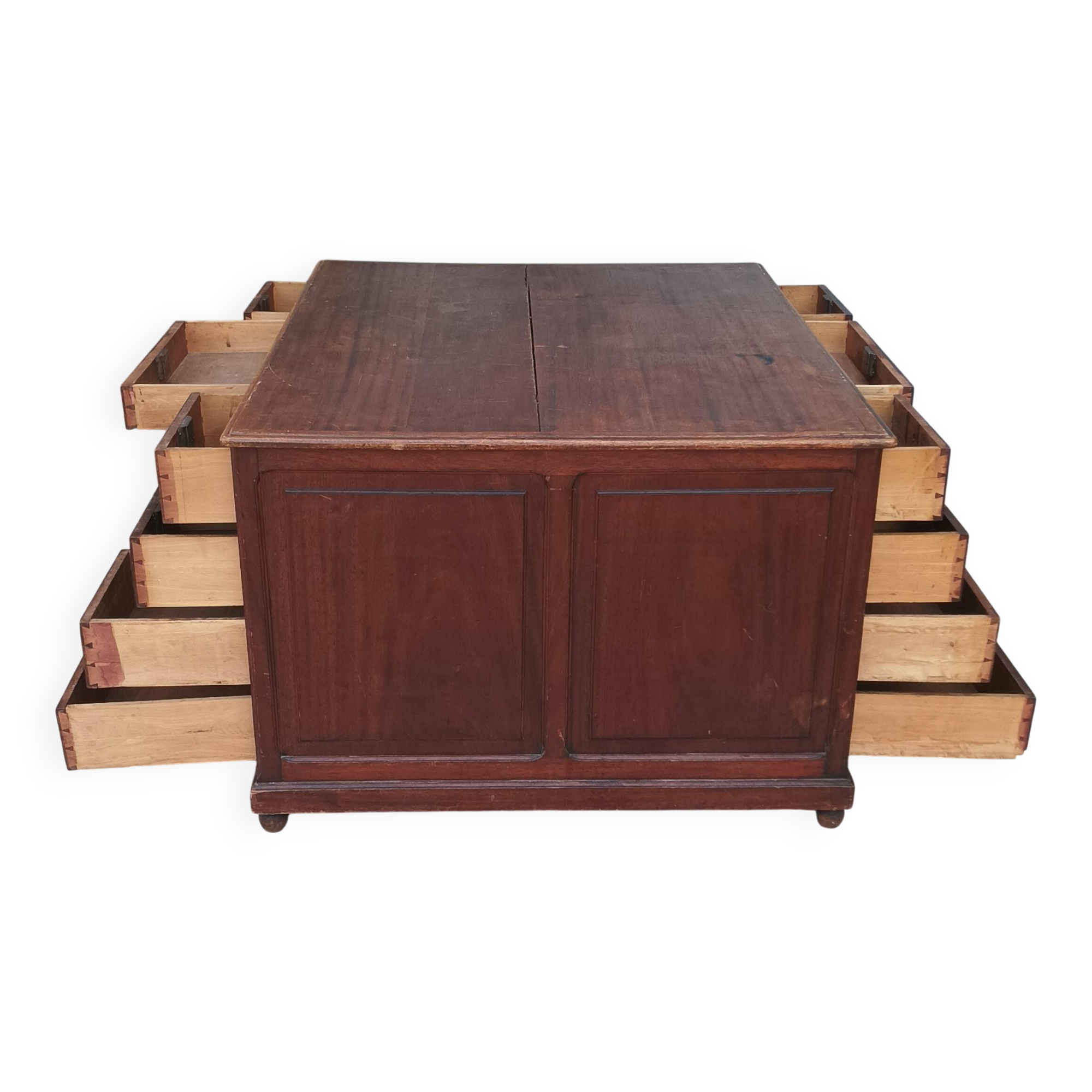 Vintage mahogany double-sided desk with 18 drawers