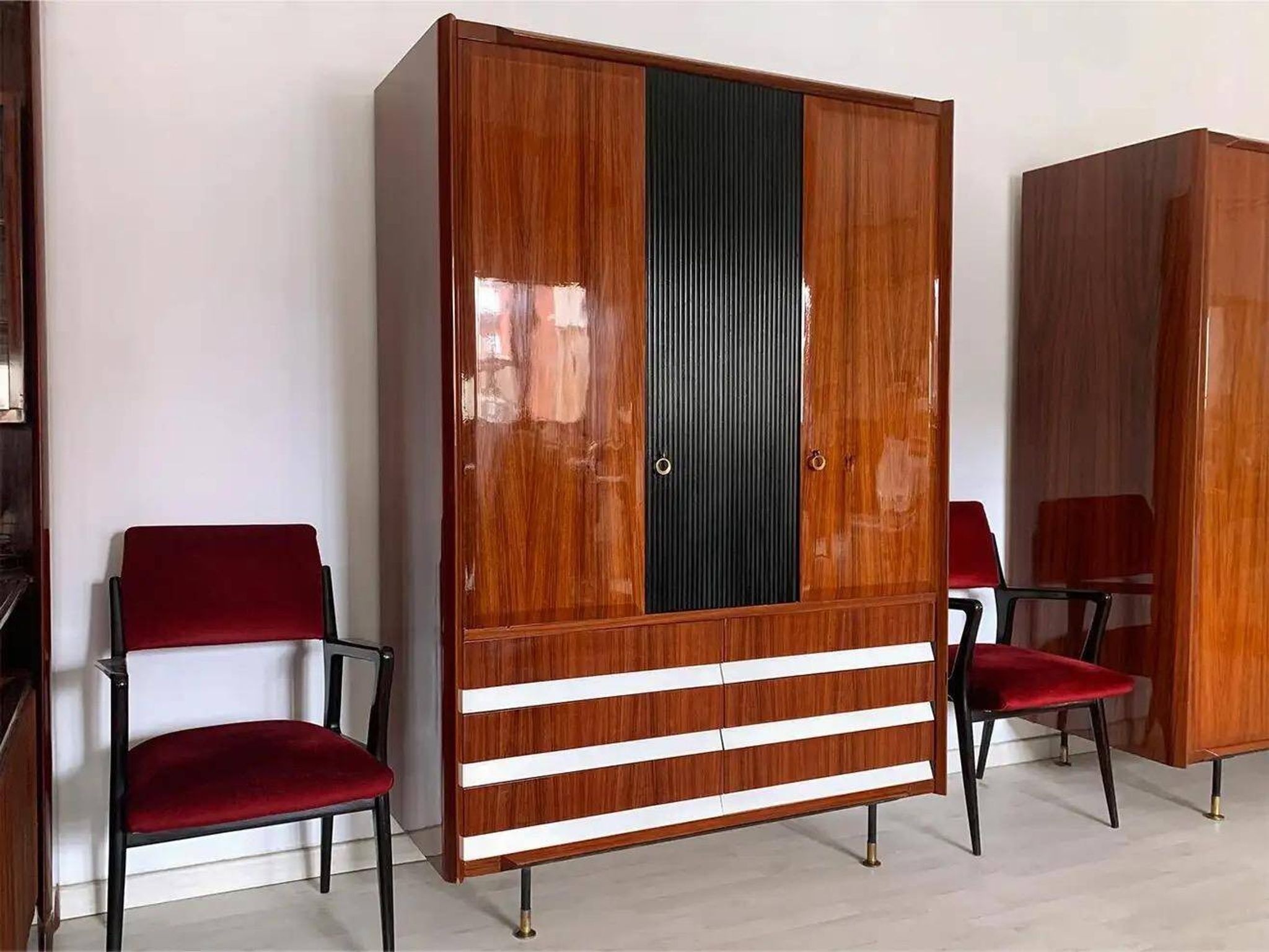 Vintage Italian Wardrobe, Walnut, Fluted Wood, Brass Feet 1950s italian