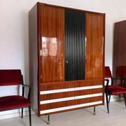 Vintage Italian Wardrobe, Walnut, Fluted Wood, Brass Feet 1950s italian