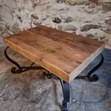Vintage French coffee table from the 1960s – Rustic pine coffee table with a black iron base.