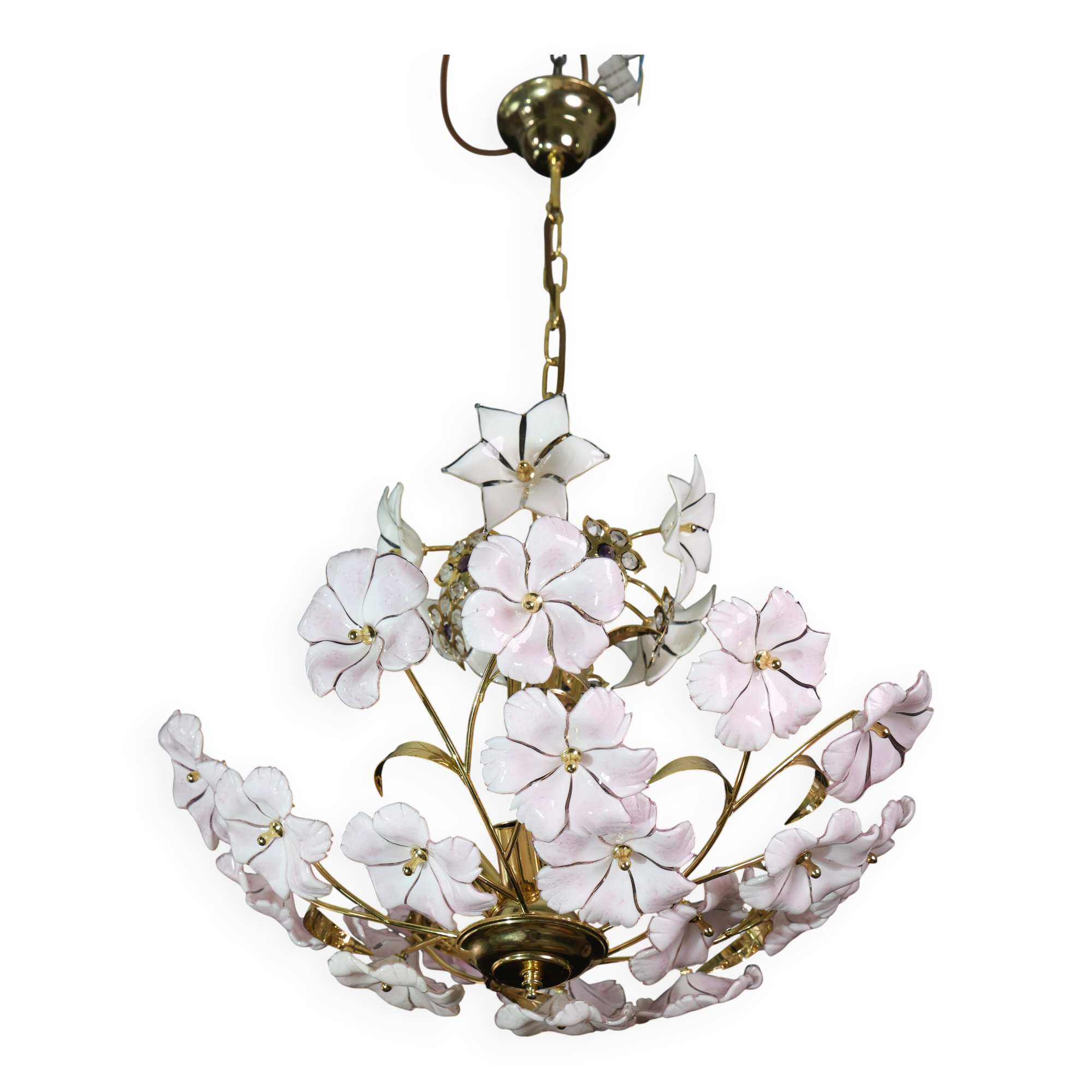 Charming Murano Vintage Chandelier White and Pink Flowers