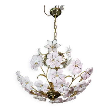Lustre vintage de Murano avec des fleurs blanches et roses.