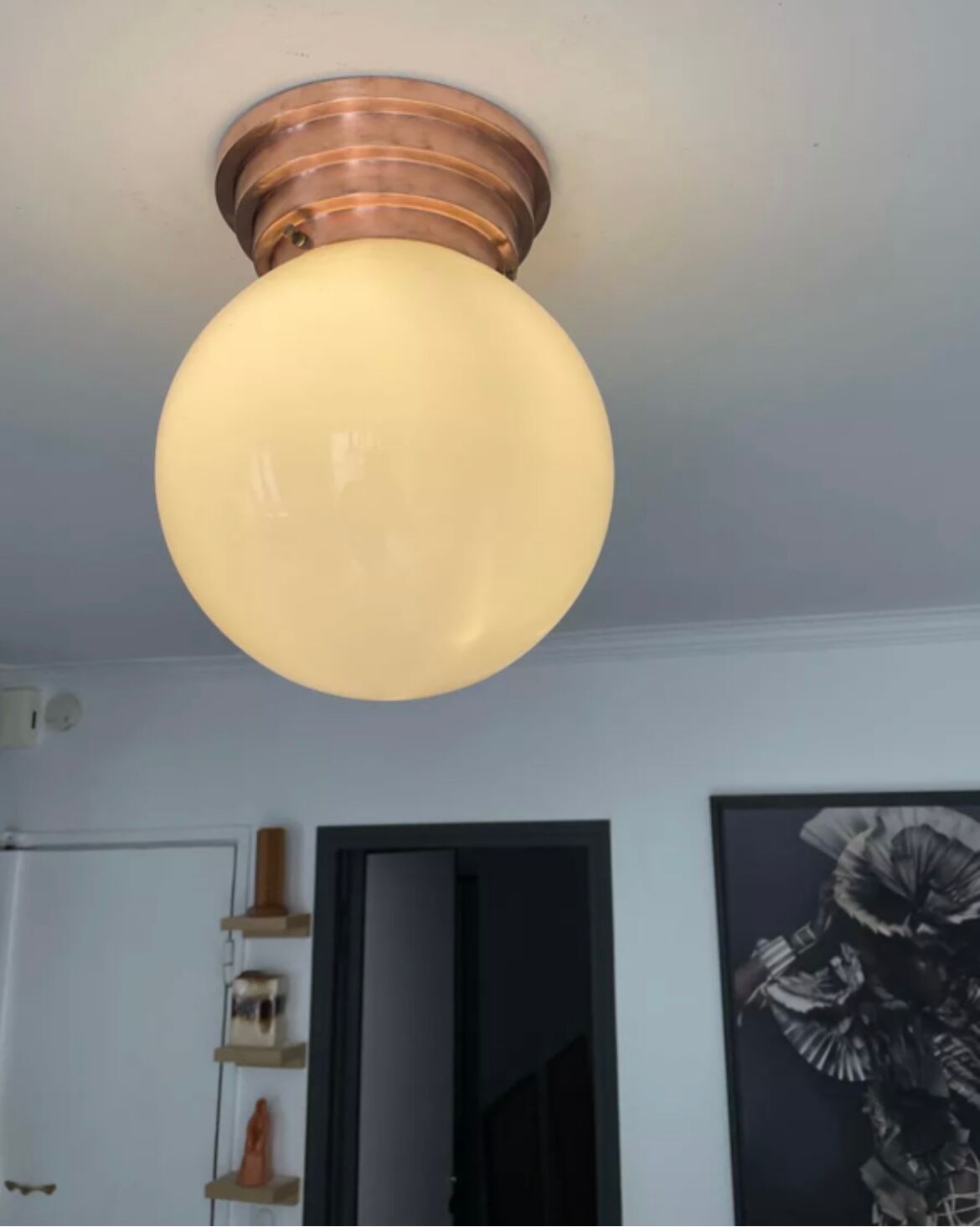 Vintage ceiling lamp, copper and art deco opaline, France 1930