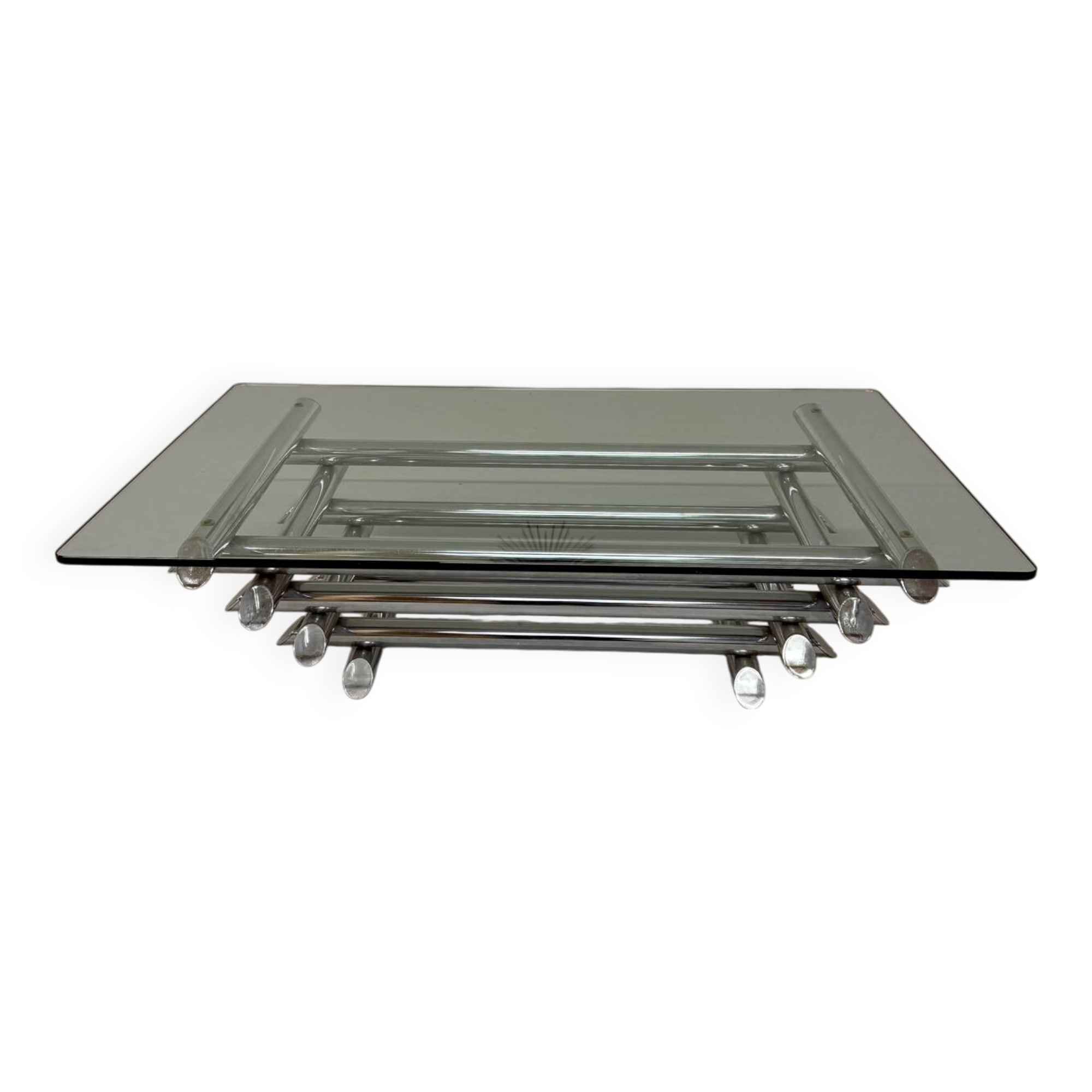 Space coffee table from the 70s, tubular metal and glass, Italian design