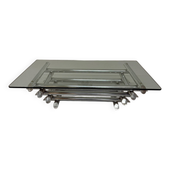 Space coffee table from the 70s, tubular metal and glass, Italian design