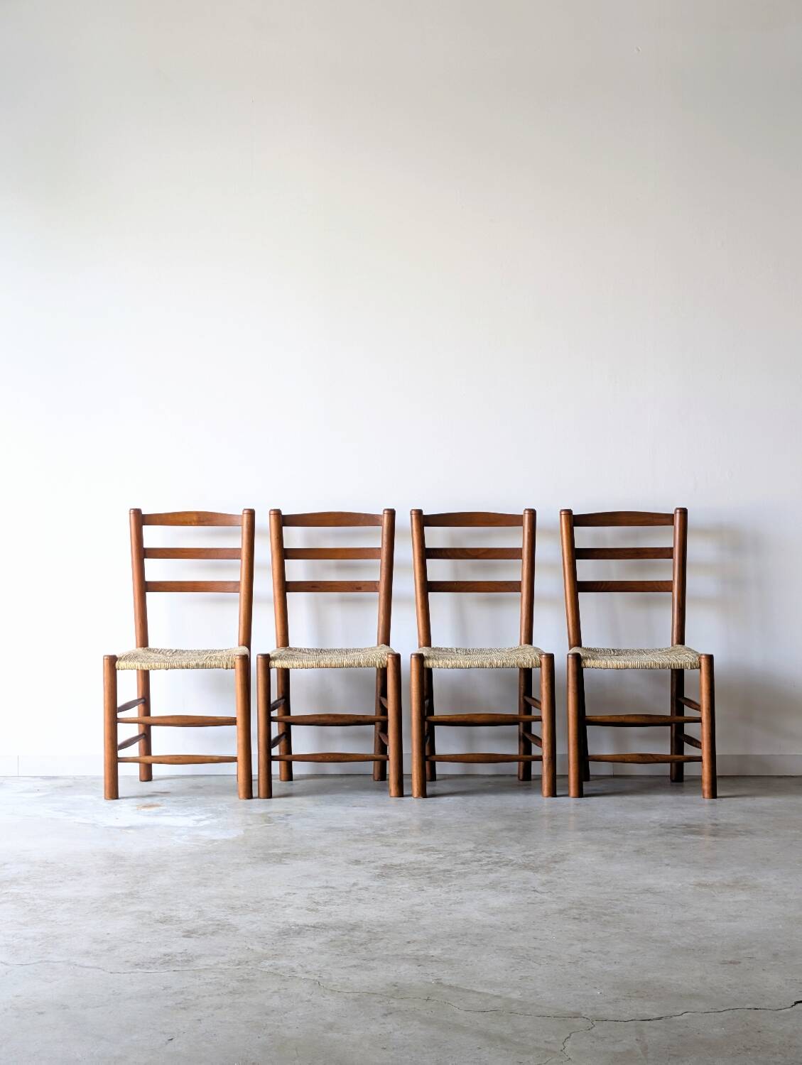 4 vintage brutalist chairs, wood & rope, Sentou / Perriand, 1960