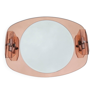 Miroir design avec ses appliques en verre rose italien Veca vintage  1970.