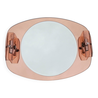 Designer mirror with its Italian pink glass sconces Veca vintage 1970.