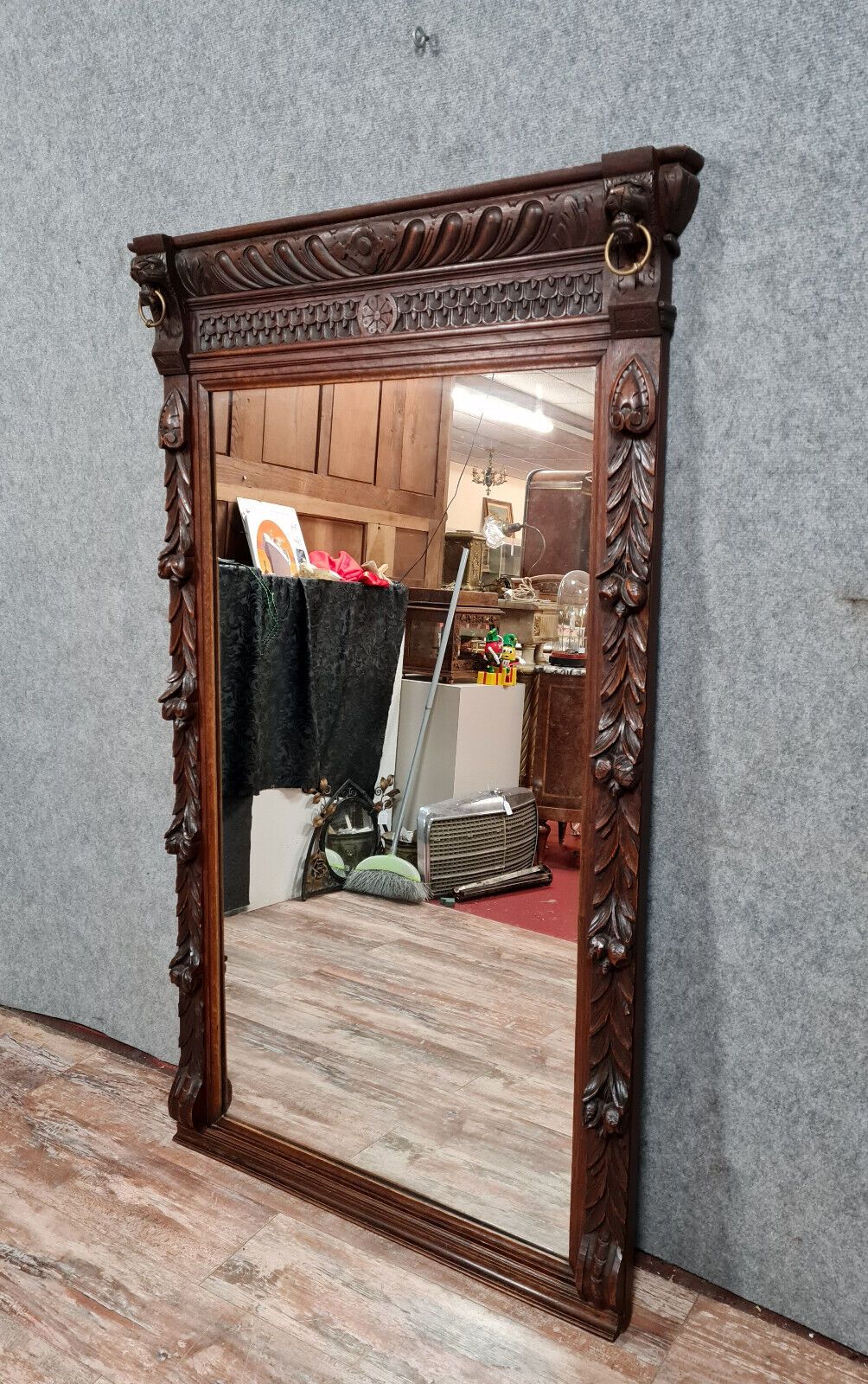 Renaissance mirror in solid oak with brown patina circa 1850, 165x97 cm