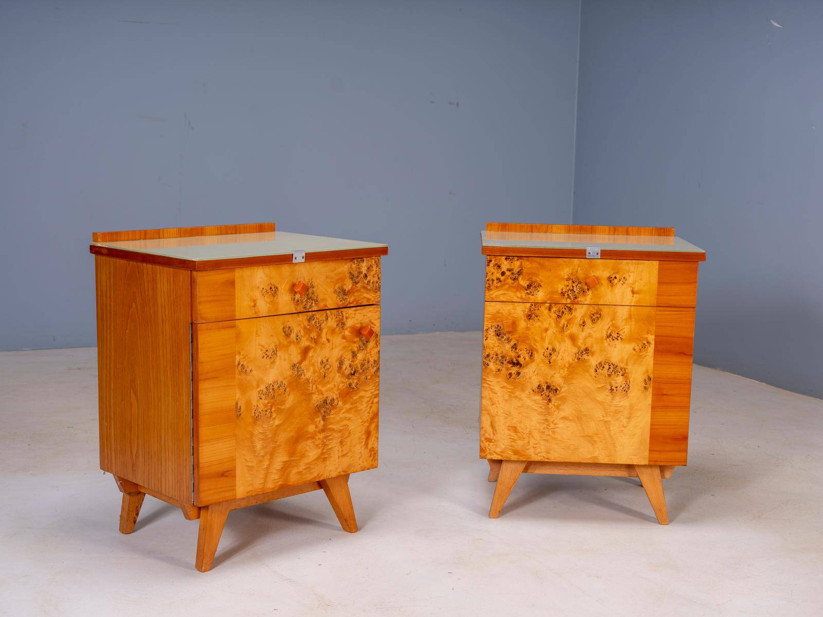 Pair of vintage Czechoslovak bedside cabinets with burl veneer, mid-century modern, 45 × 34 × 45 cm