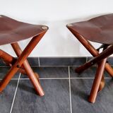 Set of teak and leather tripod stools