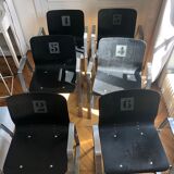 Set of 6 chairs with armrests numbered from 1 to 6, wood and steel
