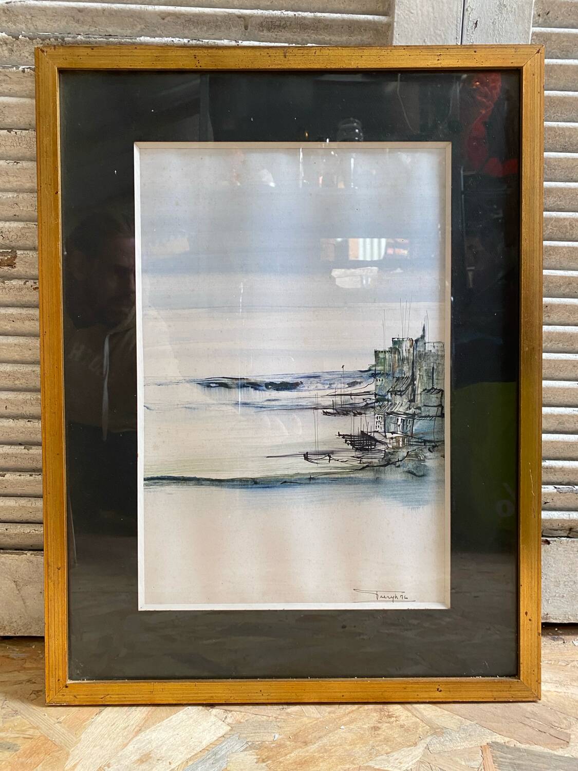 Old ink painting seaside view signed + golden wood frame