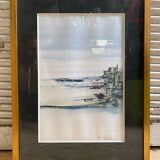 Old ink painting seaside view signed + golden wood frame