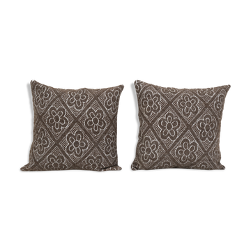 Vintage turkish handmade large cushion, pair flat-weave kilim rug pillow, set of two vintage wool