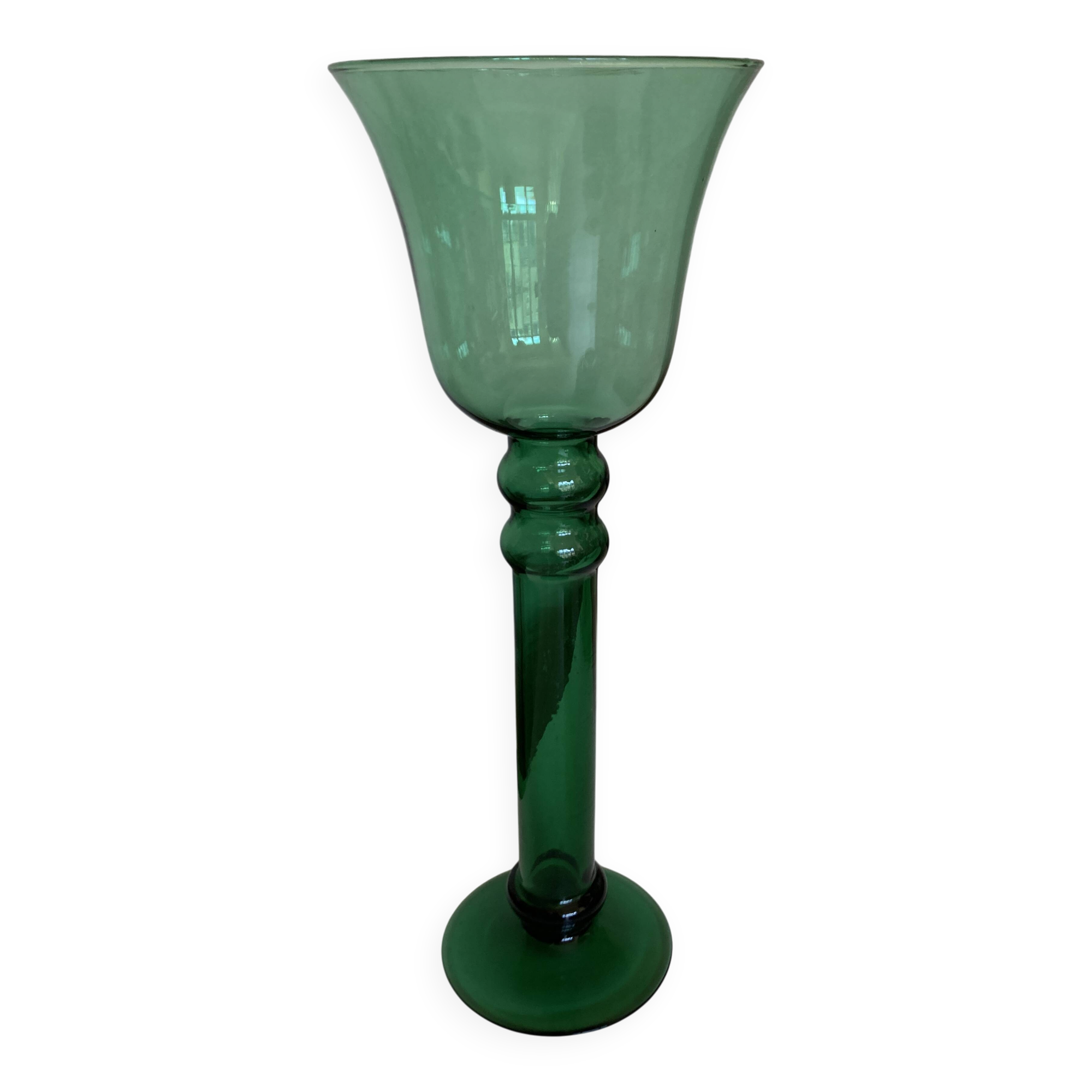 XXL tulip candle holder in blown green glass from the 1960s