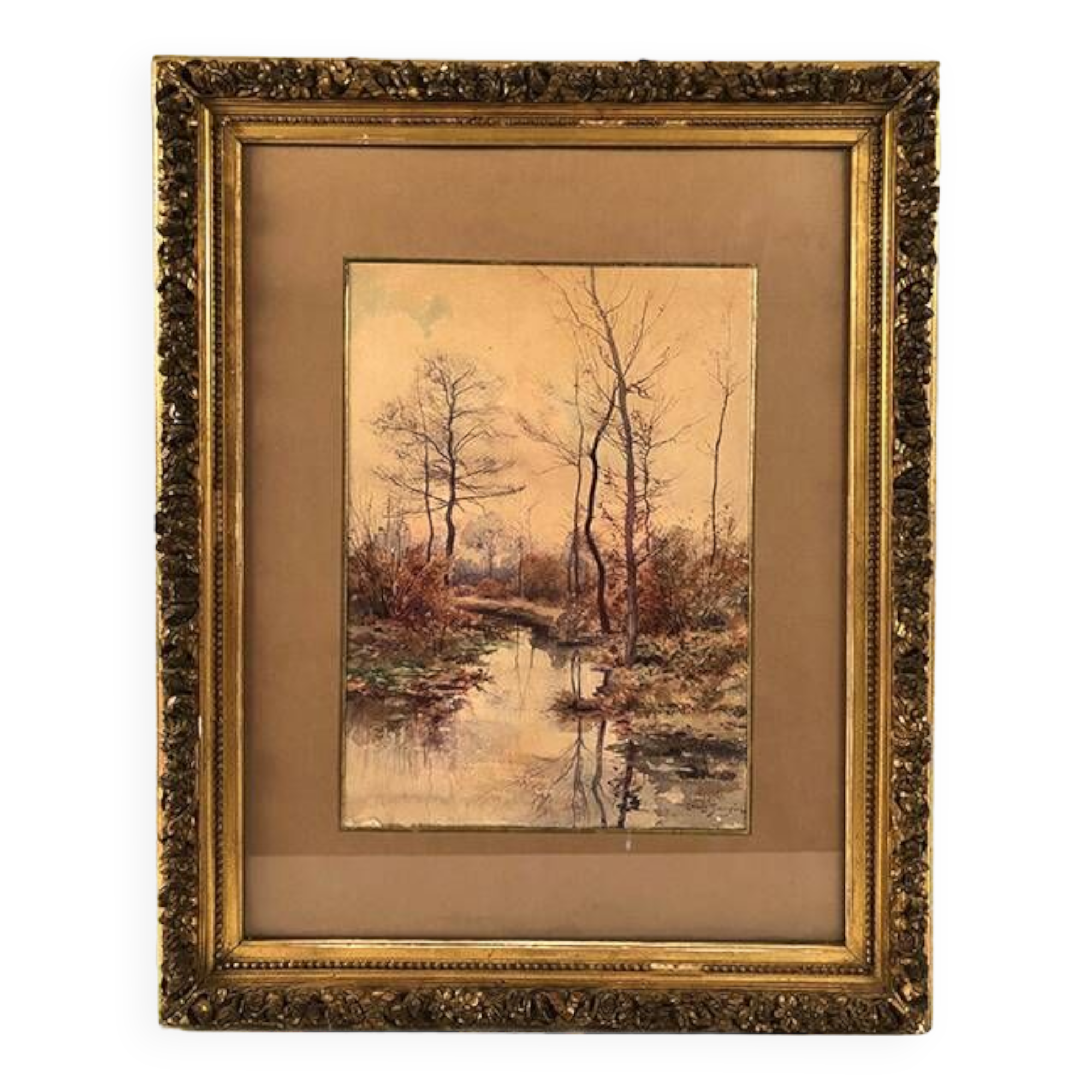 Louis Tauzin (1842-1915), “Landscape at the river” watercolor signed and framed