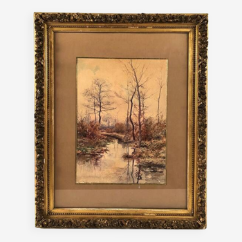 Louis Tauzin (1842-1915), “Paysage à la rivière” aquarelle signée et encadrée