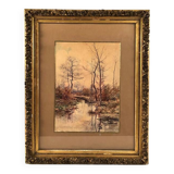 Louis Tauzin (1842-1915), “Landscape at the river” watercolor signed and framed