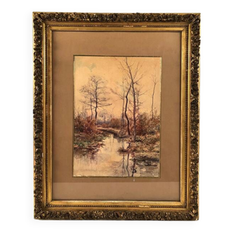 Louis Tauzin (1842-1915), “Landscape at the river” watercolor signed and framed