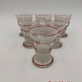 Service de 14 verres vintage, 3 tailles différentes, décors blanc et rouge - Années 1950