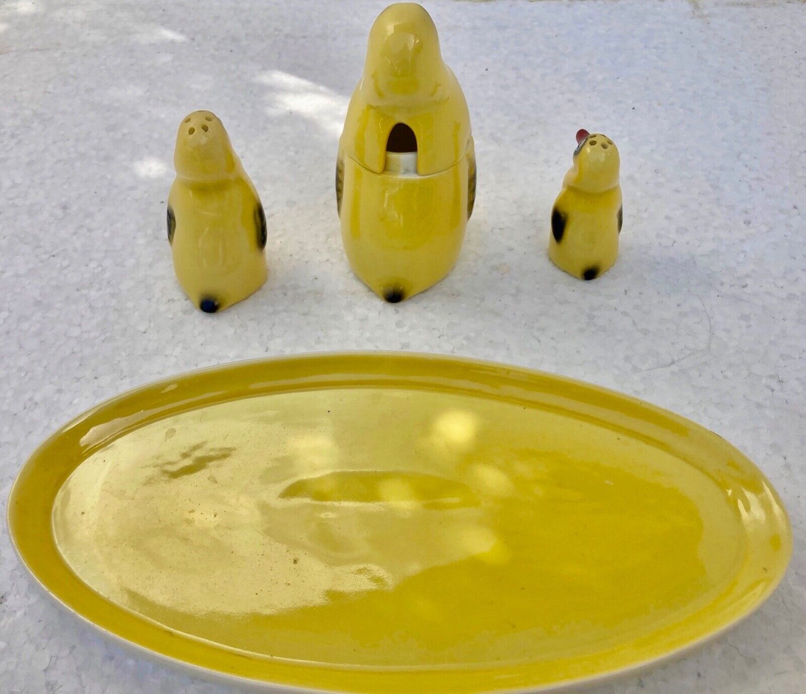 salt shaker, pepper shaker, mustard Set condiment service, porcelain Pfeffer Gotha - penguins
