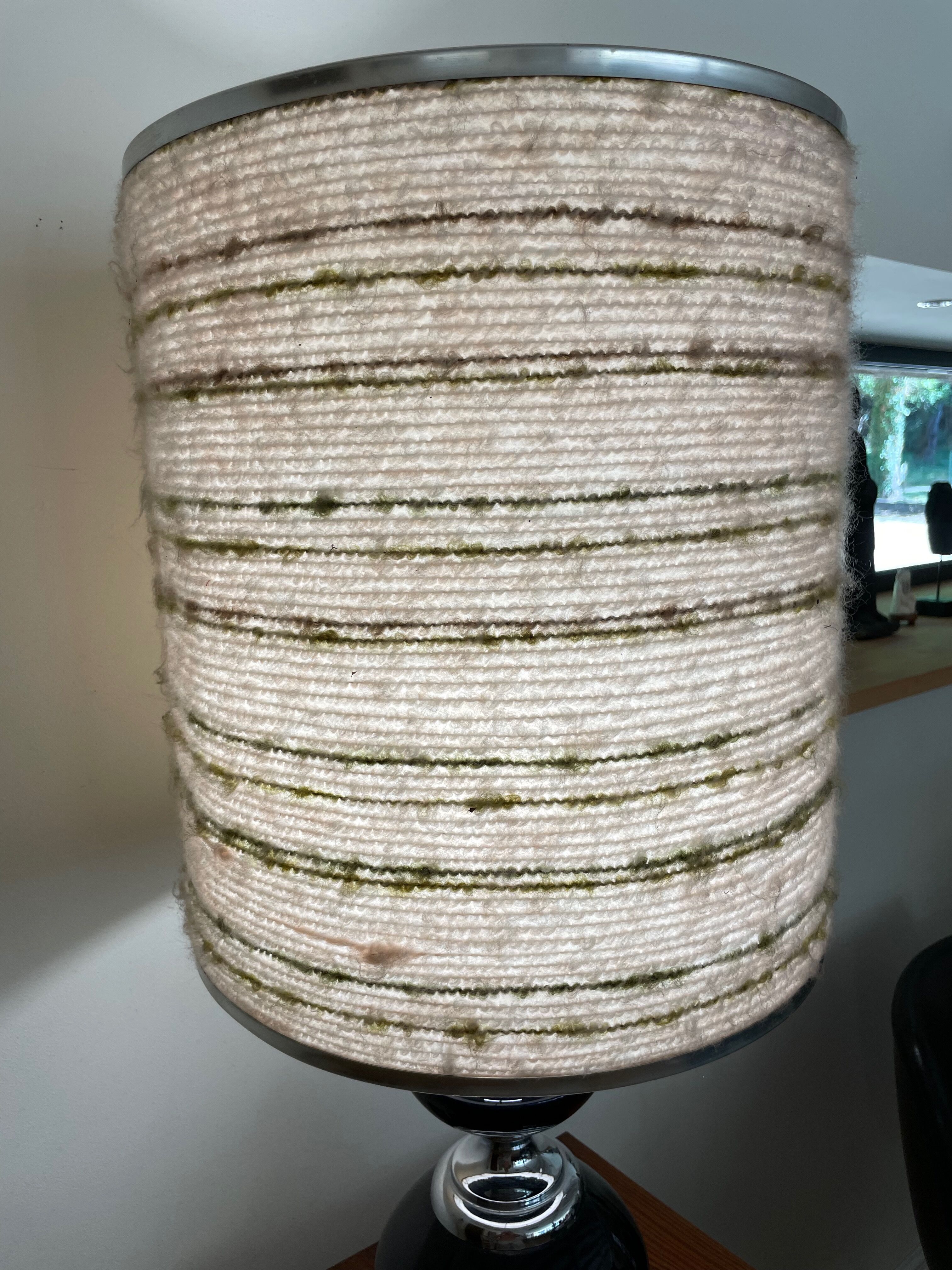Black glass and metal lamp, vintage wool lampshade
