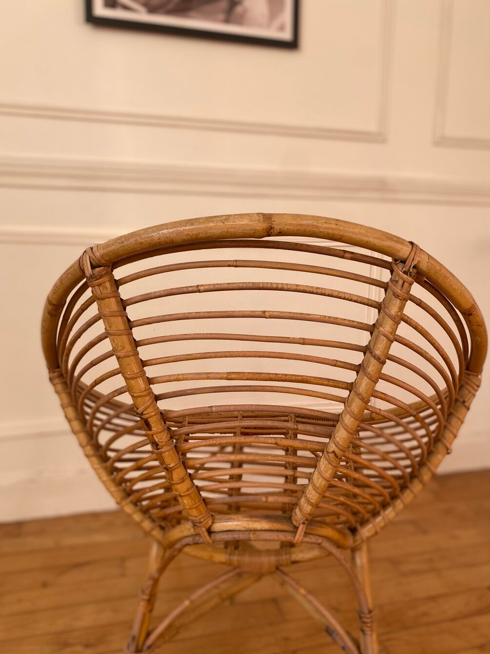 Vintage rattan spiral basket armchair