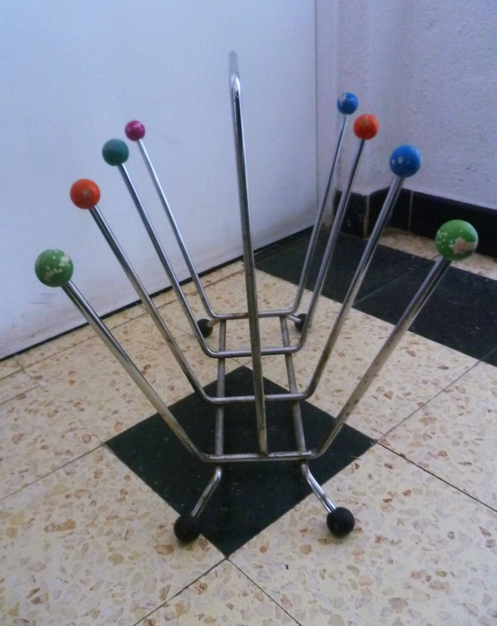 Space age atomic sputnik magazine rack, chrome with wooden balls 6