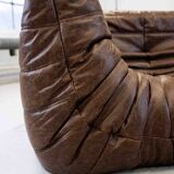 Vintage two-seater Togo sofa with arms in brown leather by Michel Ducaroy for Ligne Roset, 1970s