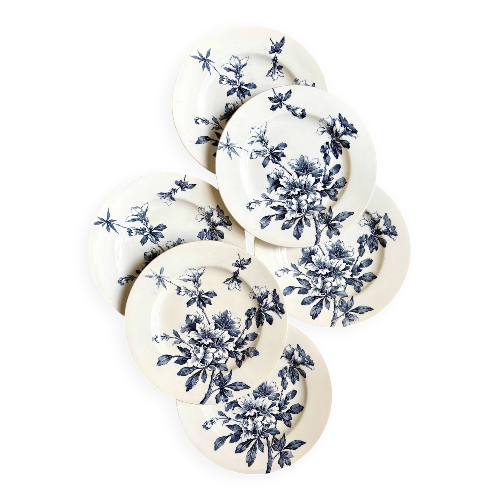 6 Lunéville dessert plates in blue ironstone, "Azaléa" service