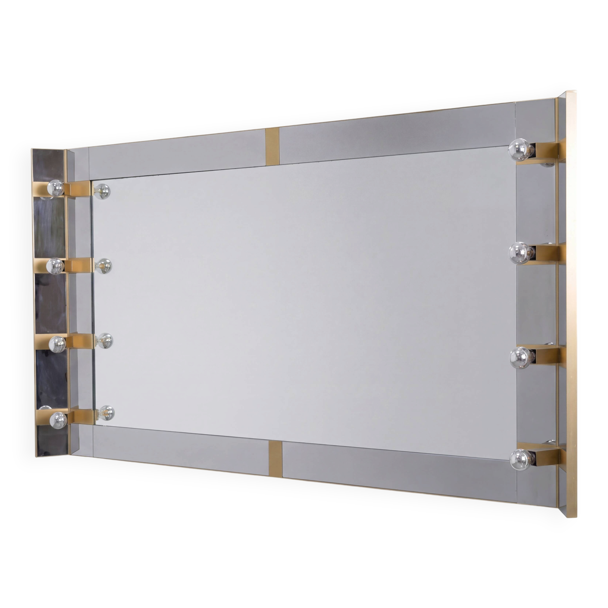 Illuminated dressing room mirror by Gaetano Sciolari in chrome and brass, Italy, 1970s