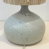 Vintage lamp base in beige-grey ceramic stoneware with raffia lampshade, 1970s