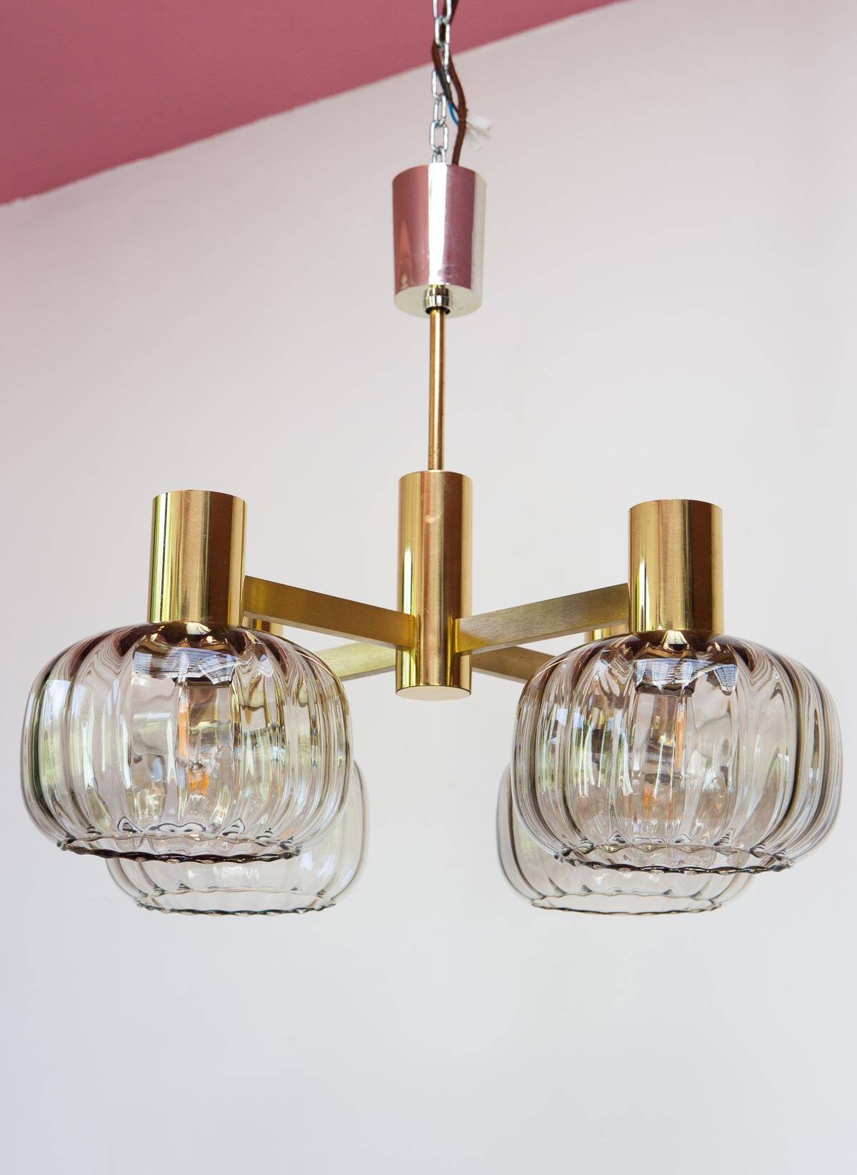 Midcentury brass pendant light and 4 glass tulips 60s/70s