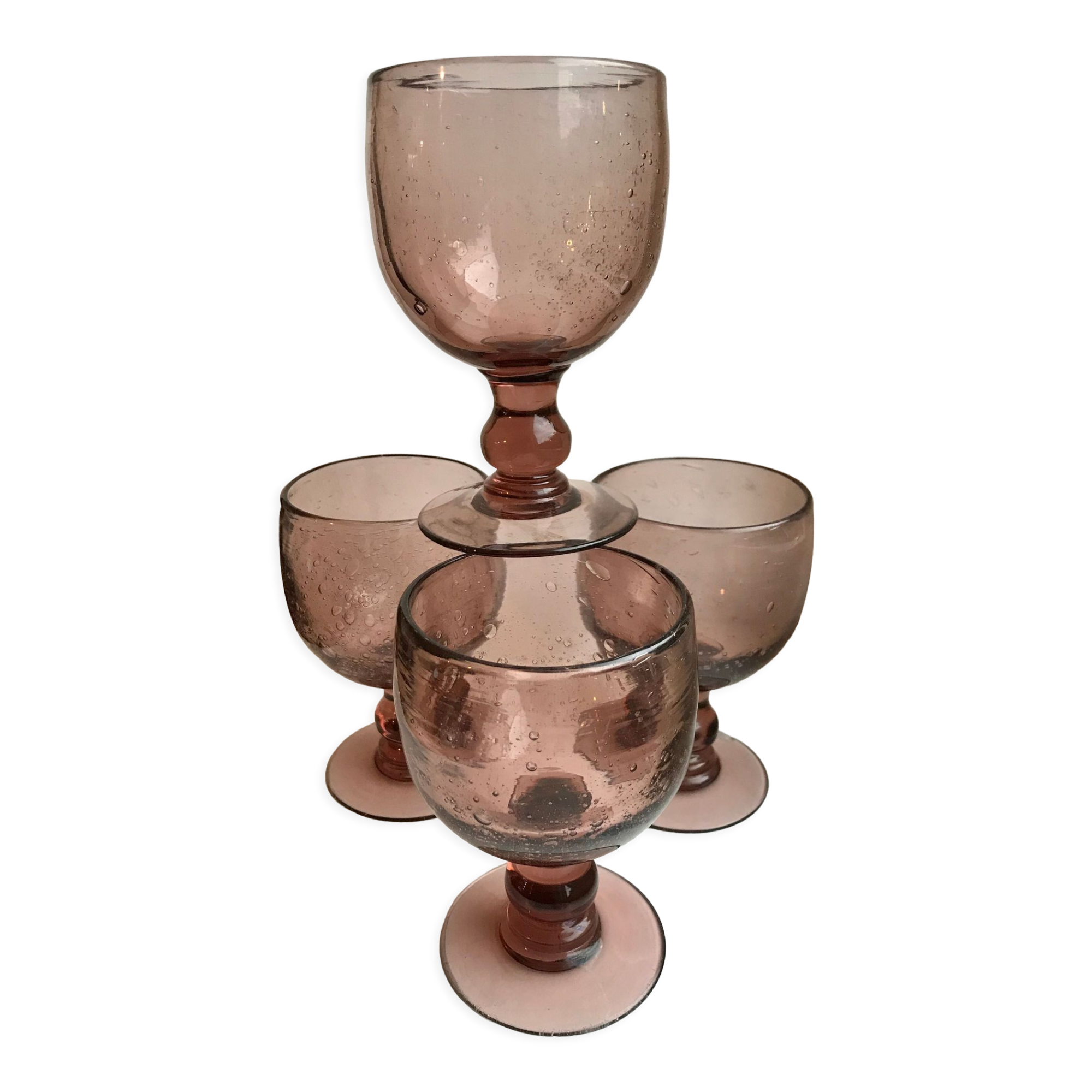 Set of 4 glasses with bubbled glass stems from biot violets 70s
