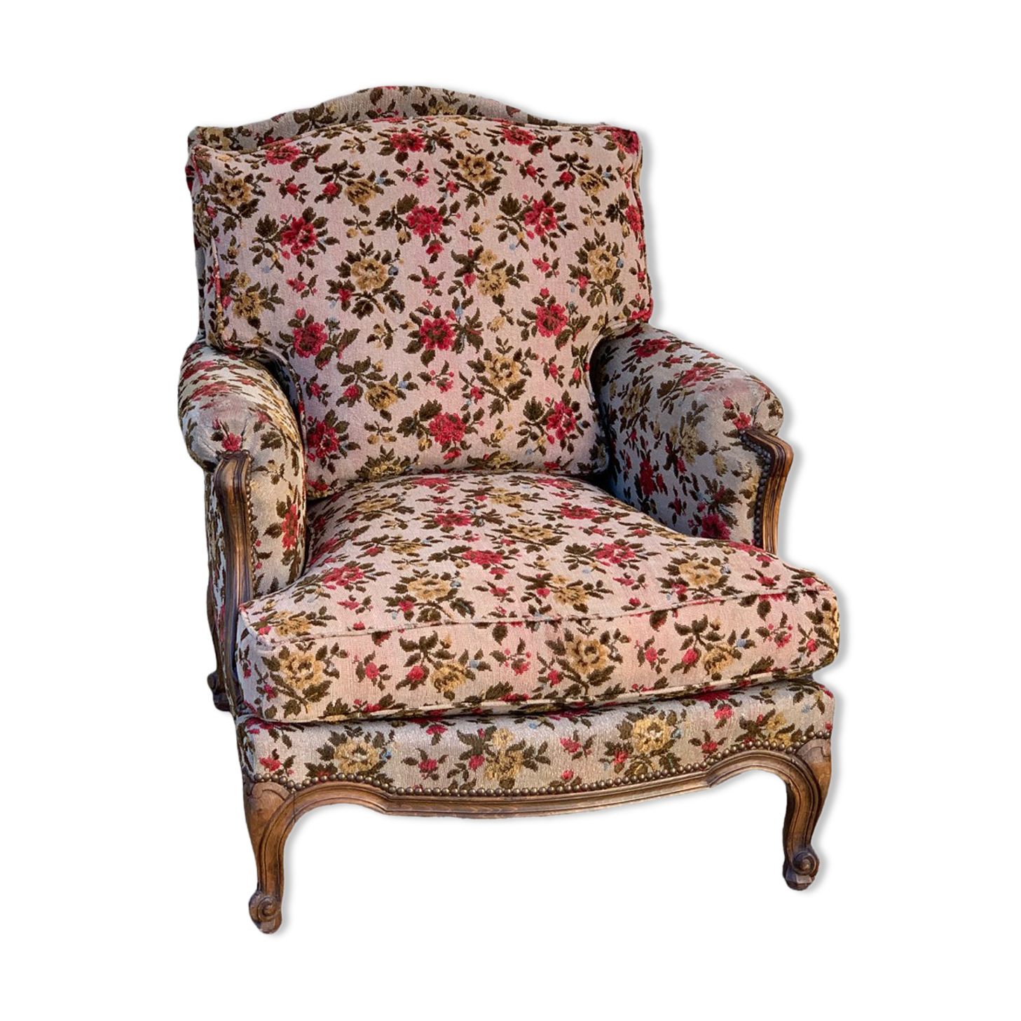 Antique Louis XV style shepherdess armchair in floral flocked fabric