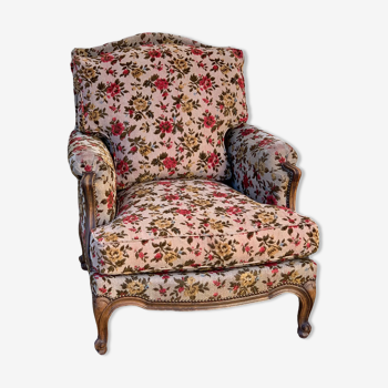Antique Louis XV style shepherdess armchair in floral flocked fabric