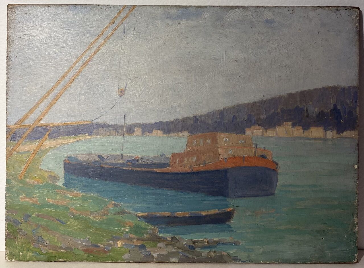 Marine, barge at the quayside, workshop stamp early twentieth century