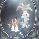 Small chinese lacquered furniture in black with mother-of-pearl inlays / 1 door / 1 drawer