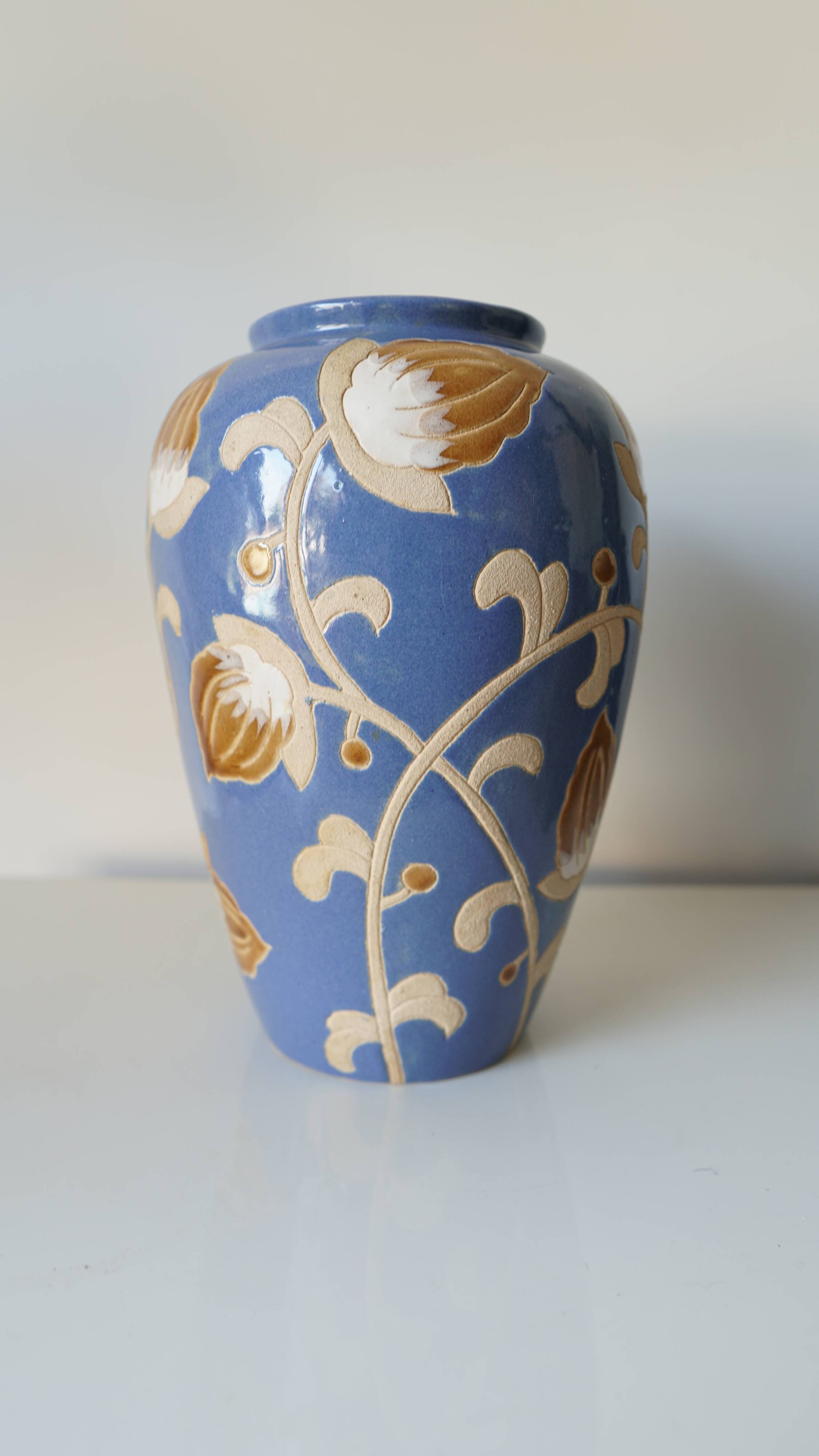 Glazed stoneware vase – floral decoration in relief – Keramis style – 1970s