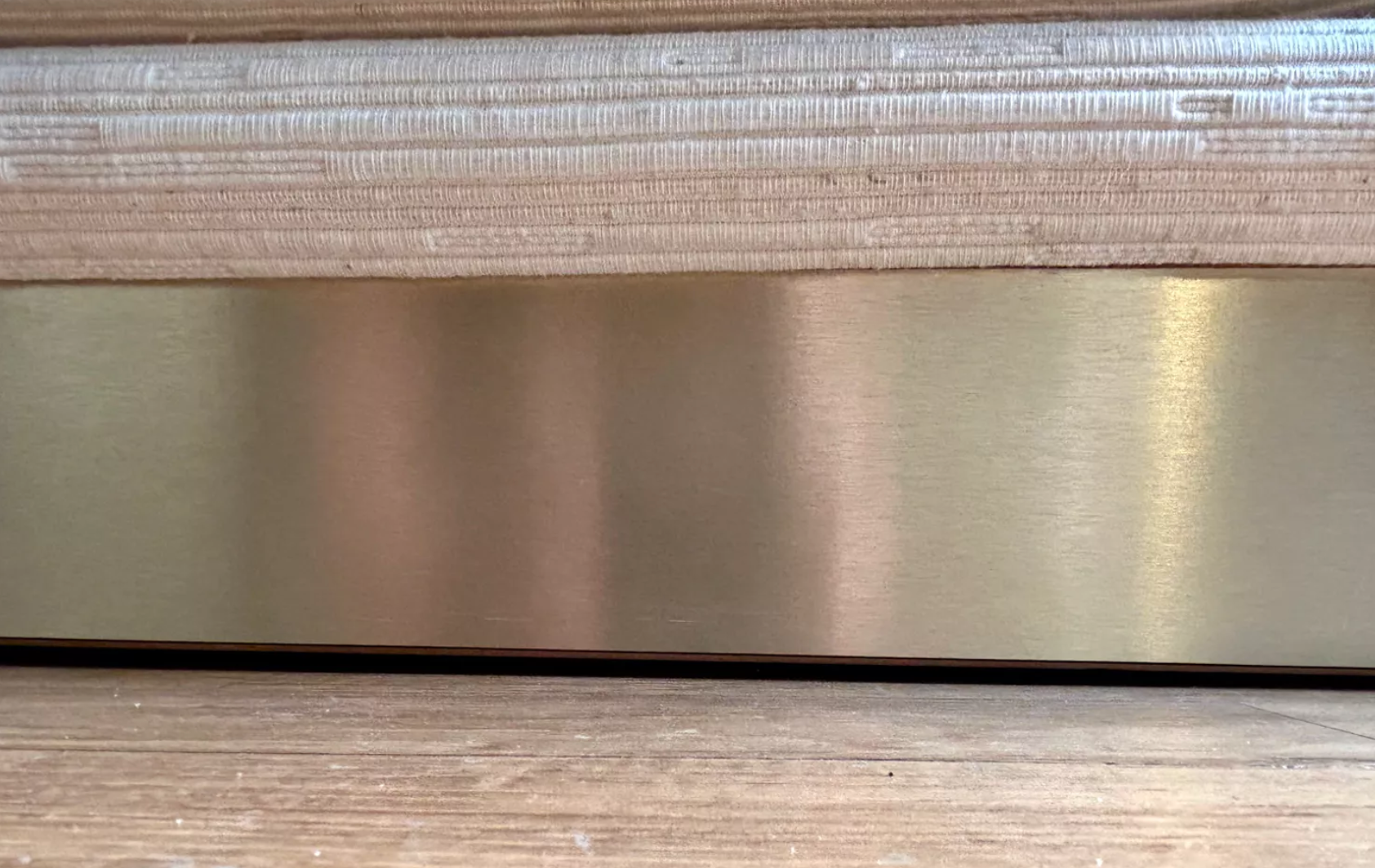 Vintage Thibier 3-seater sofa, beige fabric and brass, France 1978