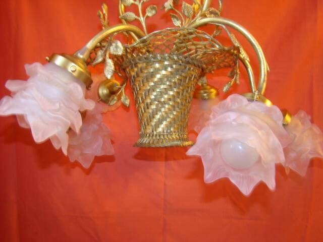 Lustre en bronze et laiton à 6 bras de lumière de style Louis XVI