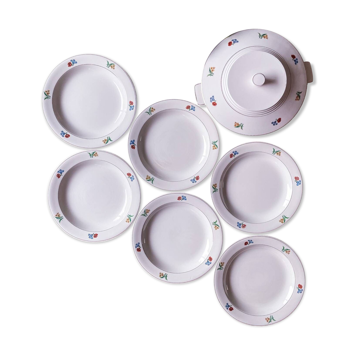 Gien flower service: 6 plates + 1 tureen