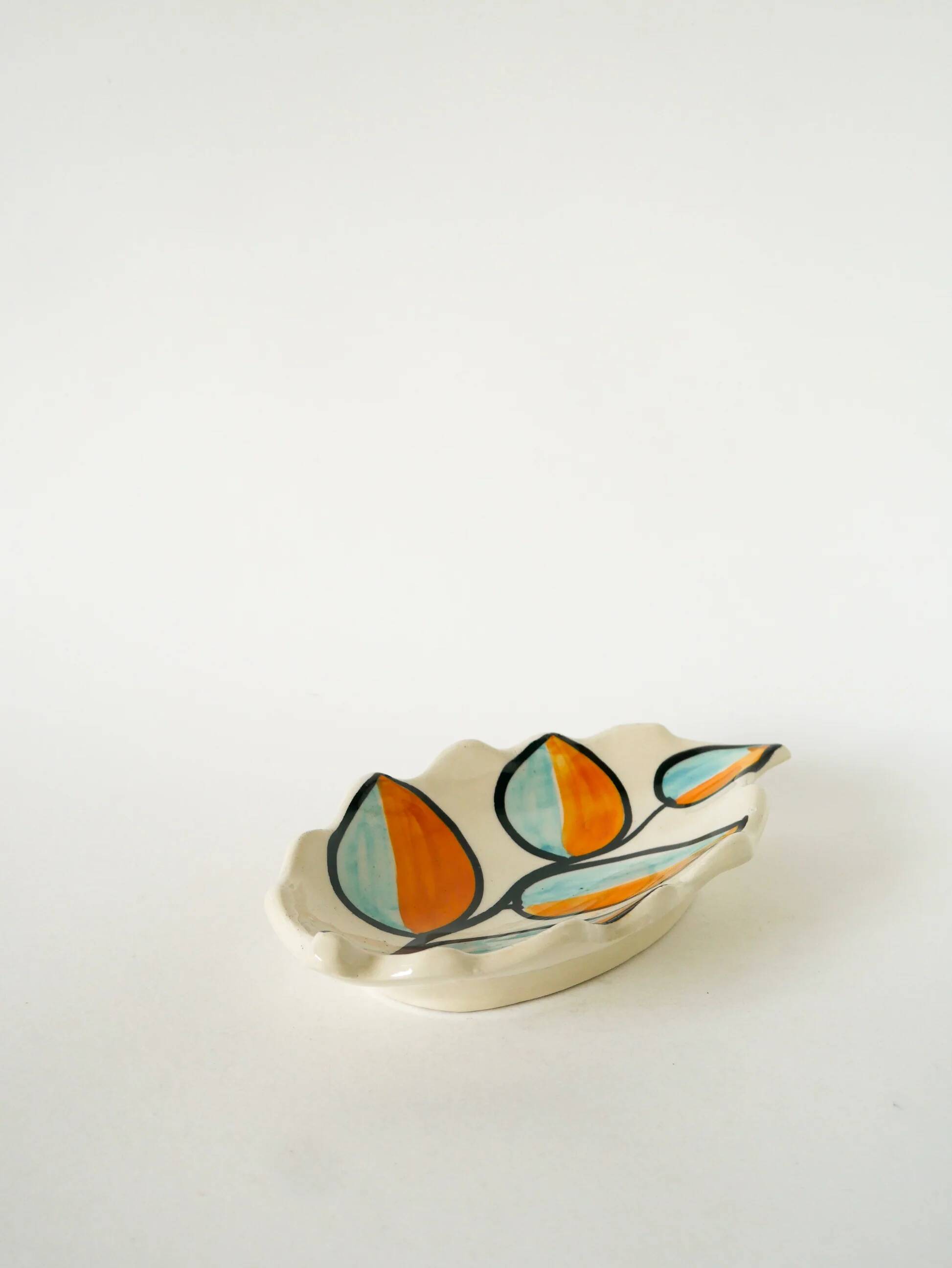 Ceramic catchall, leaf shape, orange and blue, psychedelic, 1970.
