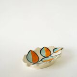 Ceramic catchall, leaf shape, orange and blue, psychedelic, 1970.