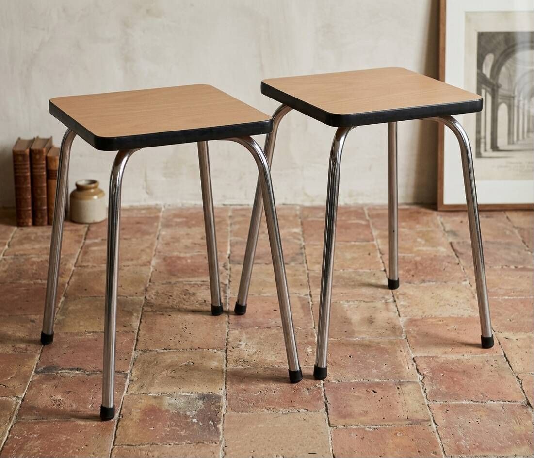 Pair of vintage school stools in formica and chrome metal – 1960s/70s