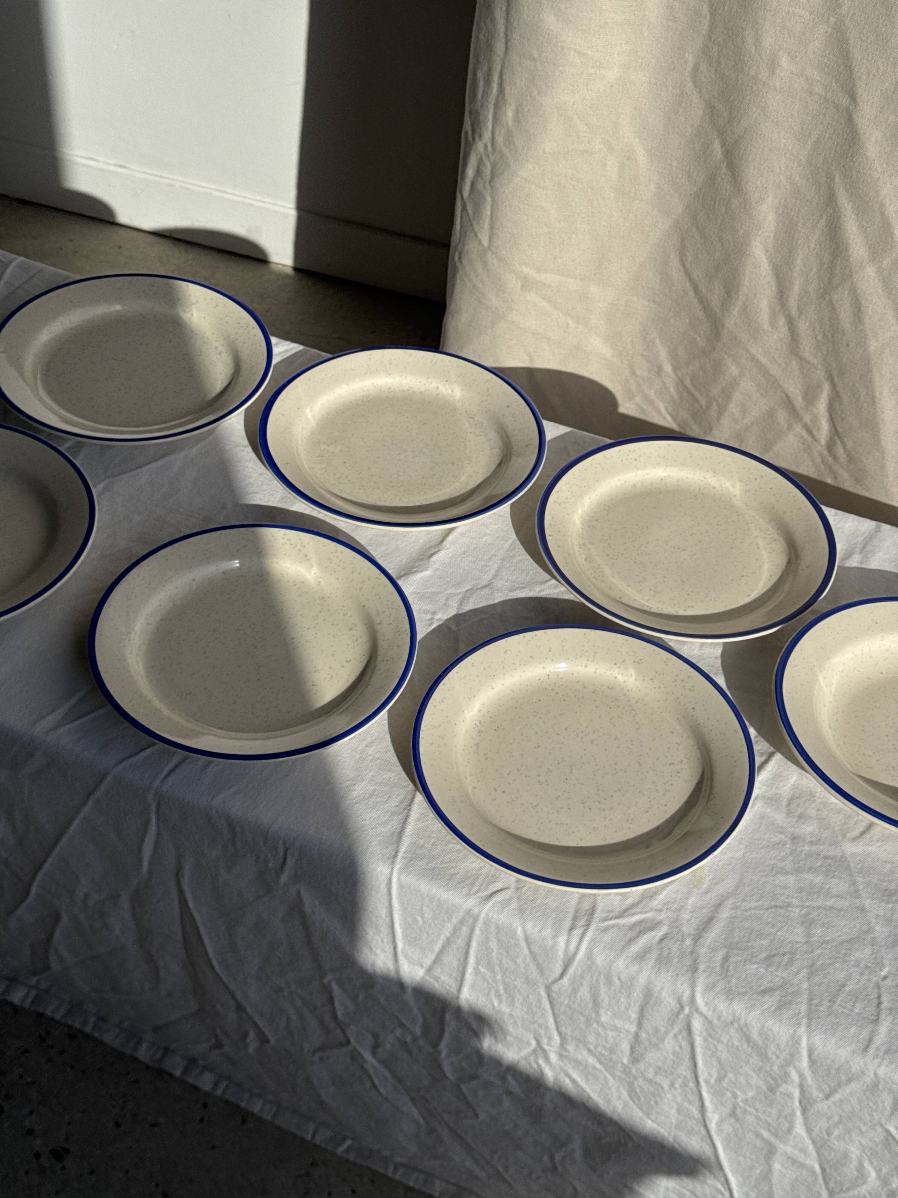 Set consisting of 6 beige flat plates with a blue rim + 3 deep plates.