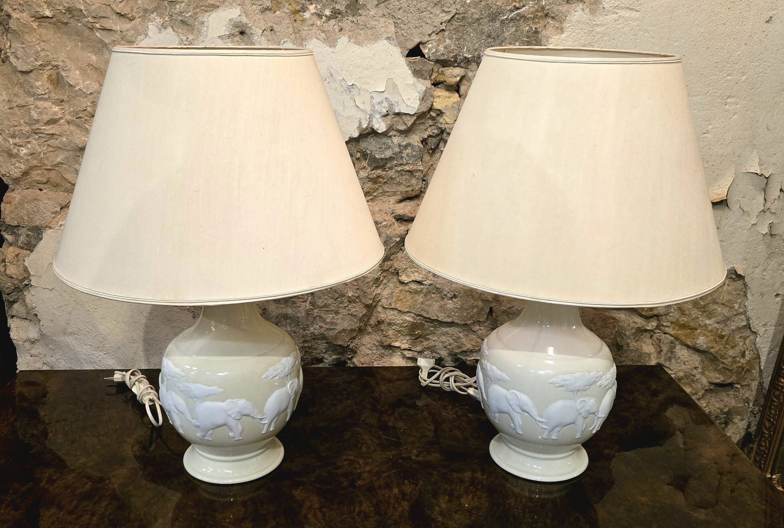 Pair of Raynaud Limoges lamps – Kenya model – Biscuit elephants – 20th century