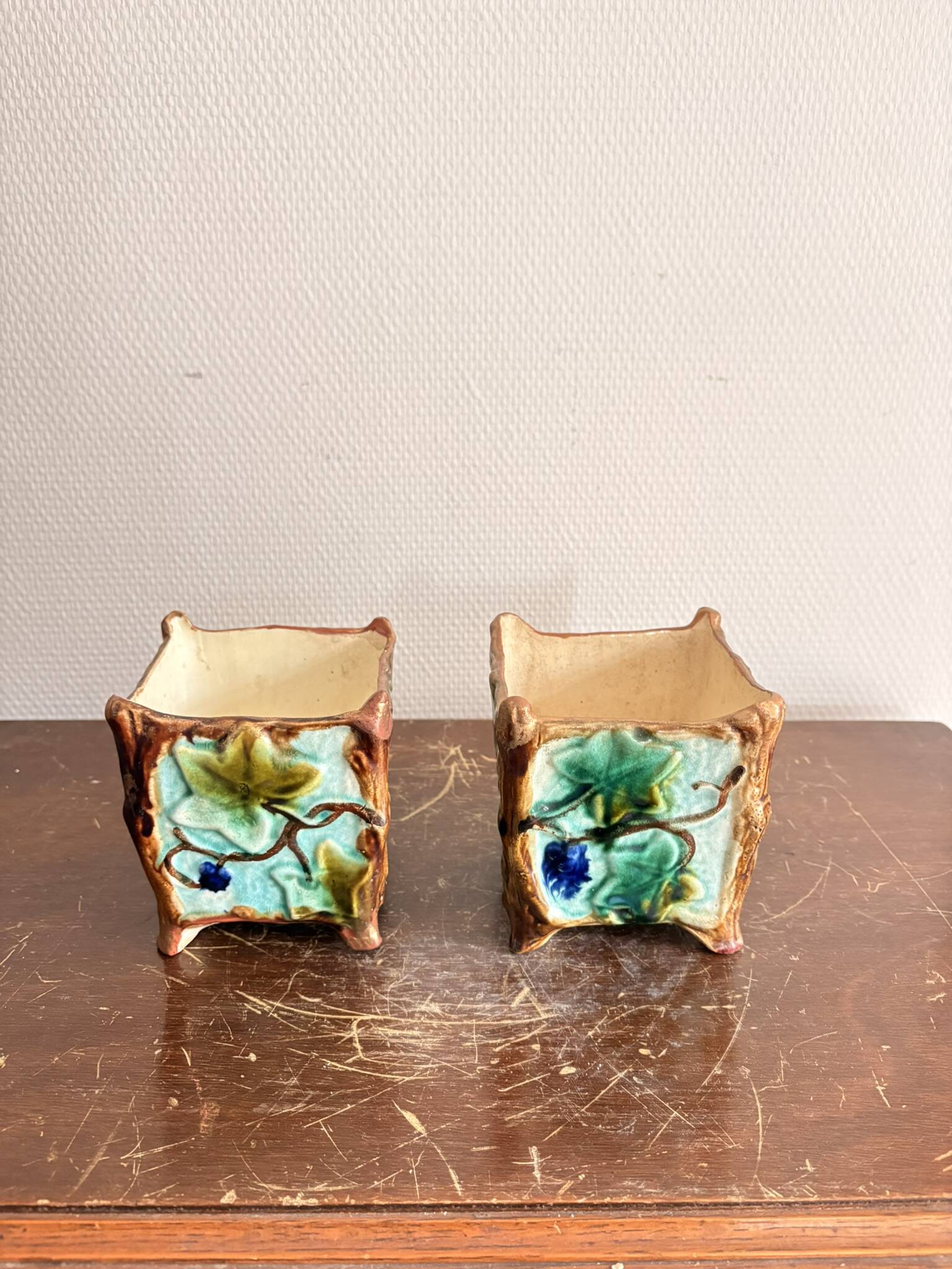 Antique Pair of Planters Cache Pot Barbotine with Ivy 19th Century Majolica